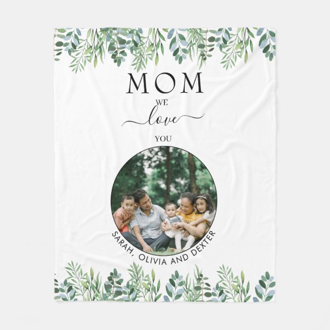 Simple Greenery We Love You Mum Grandma Photo Fleece Blanket (Front)