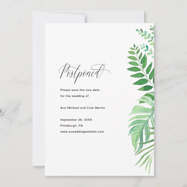 Simple Greenery Wedding Postponement Announcement (Front)