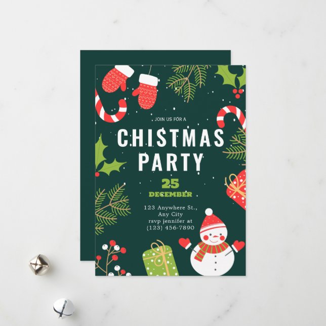 Simple Greeting Christmas party red & green funny Holiday Card (Front/Back In Situ)