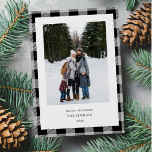 Simple Grey Black Plaid Border 2 Photos Christmas Holiday Card