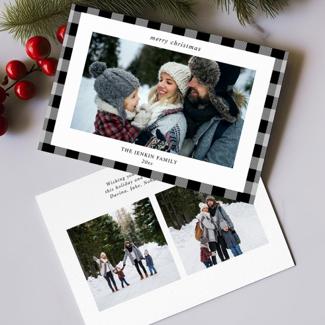 Simple Grey Black Plaid Border 3 Photos Christmas Holiday Card (Creator Uploaded)