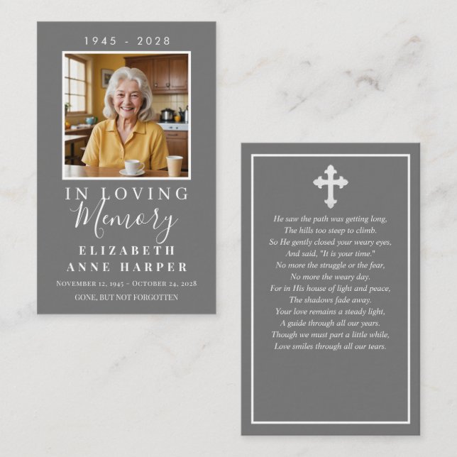 Simple Grey Cross Photo Funeral Prayer Card (Front/Back)