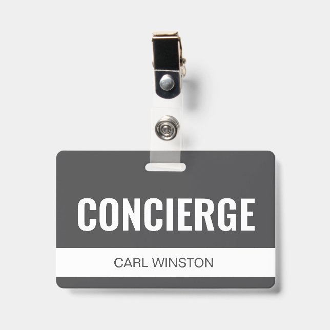 Simple Grey Custom Hotel Concierge Employee ID Badge (Front with Clip)