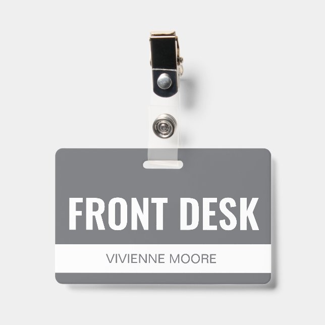 Simple Grey Custom Hotel Front Desk Employee ID Badge (Front with Clip)