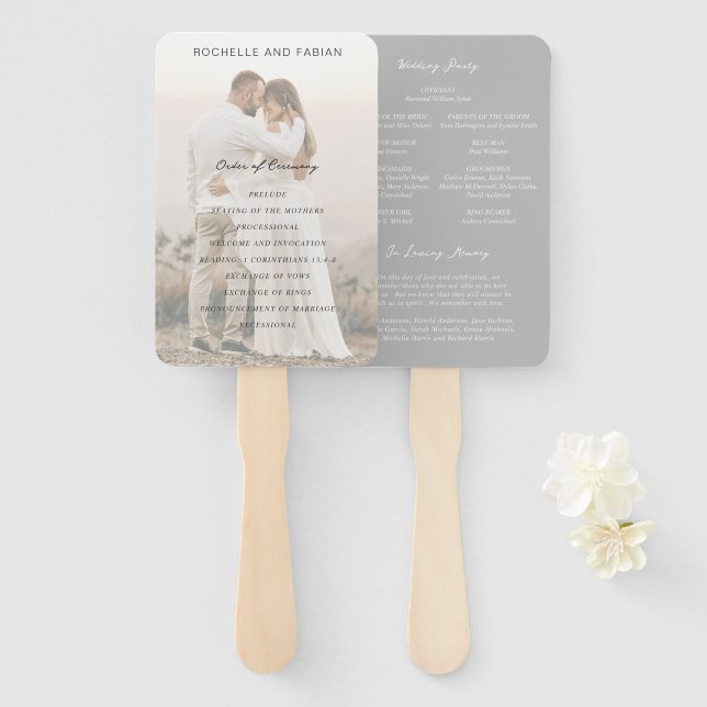 Simple Grey Elegant Wedding Program Hand Fan (Front and Back)