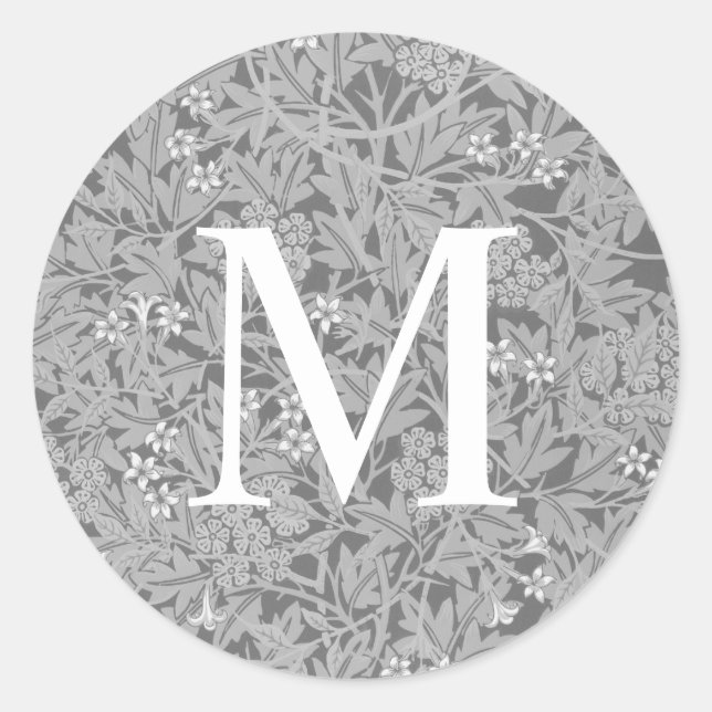 Simple Grey Floral Monogram Classic Round Sticker (Front)