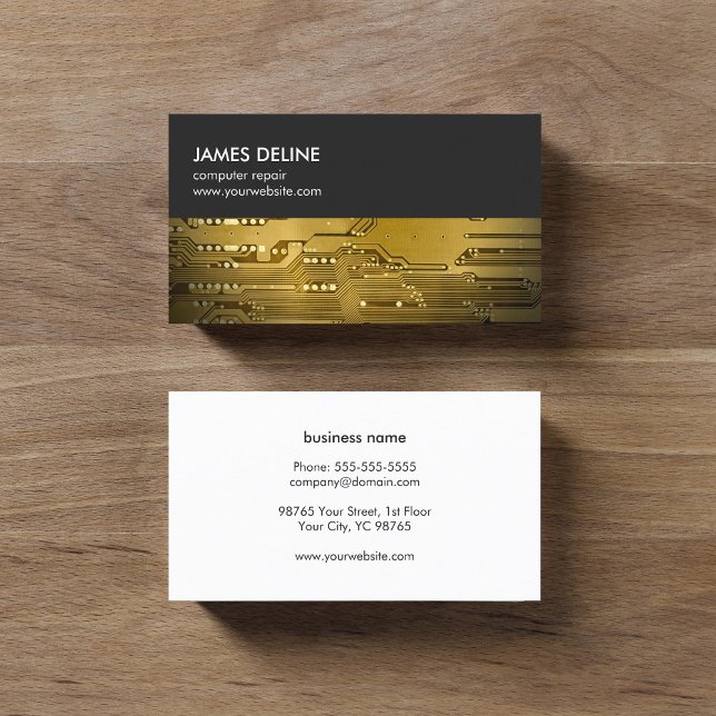 Simple Grey Gold Circuit Board Computer Repair Business Card (Creator Uploaded)