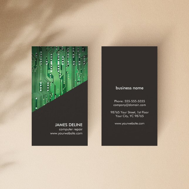 Simple Grey Green Circuit Board Computer Repair Business Card (Creator Uploaded)