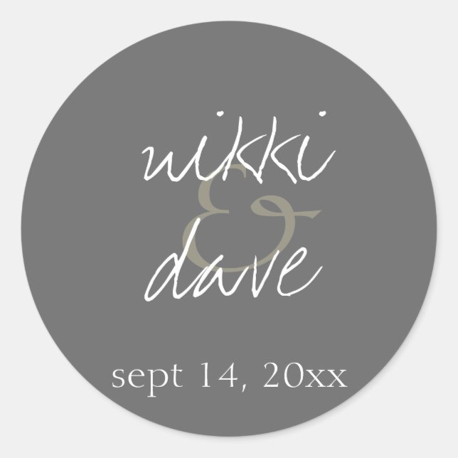 Simple grey handwritten wedding favour label seal (Front)