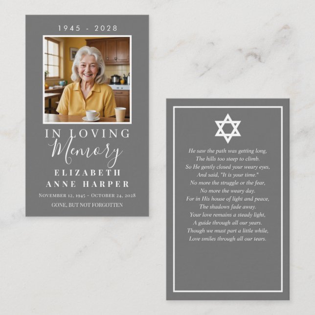 Simple Grey Jewish Funeral Photo Prayer Card (Front/Back)