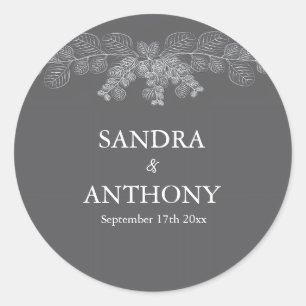 Simple Grey Line Art Eucalyptus Wedding Classic Round Sticker