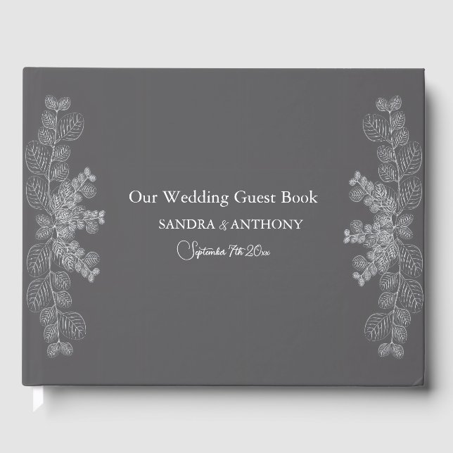 Simple Grey Line Art Eucalyptus Wedding Guest Book (Front)