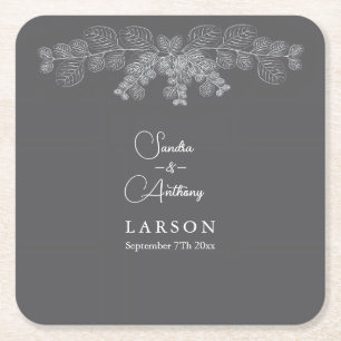 Simple Grey Line Art Eucalyptus Wedding Square Paper Coaster