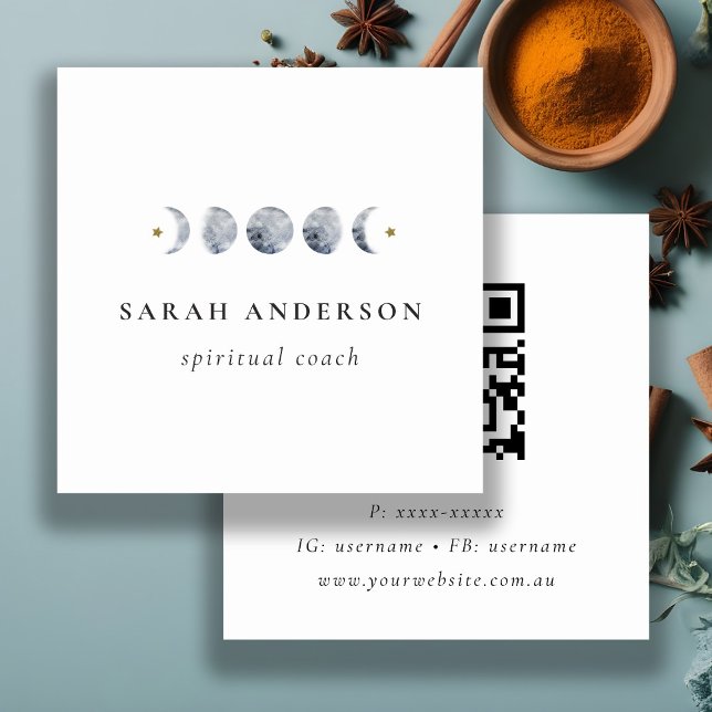 Simple Grey Lunar Celestial Moon Phase QR Code Square Business Card (Creator Uploaded)