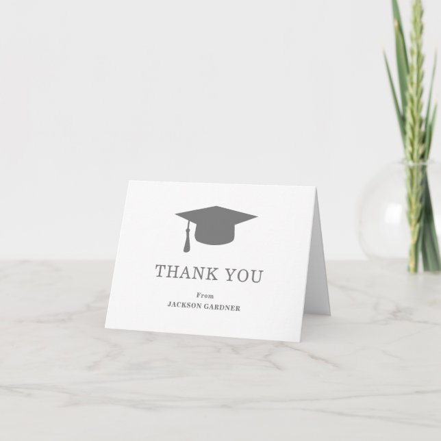 Simple Grey Mortar Board Modern Graduation Thank You Card (Front)