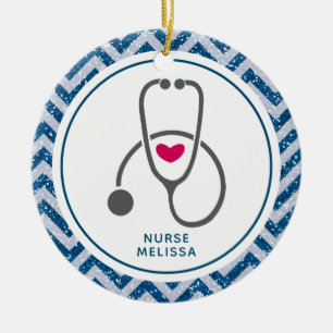 Simple Grey Nursing Stethescope on Blue Chevron Ceramic Ornament