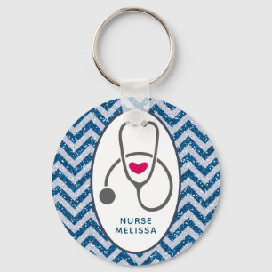 Simple Grey Nursing Stethescope on Blue Chevron Key Ring