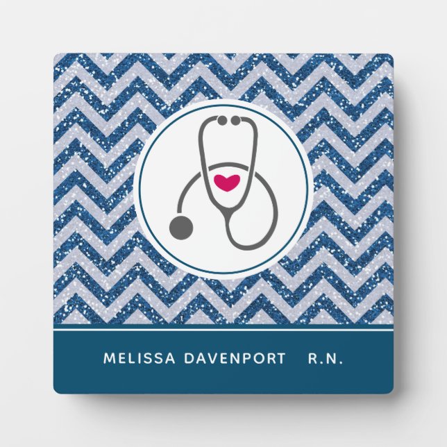 Simple Grey Nursing Stethoscope on Blue Chevron Plaque (Front)