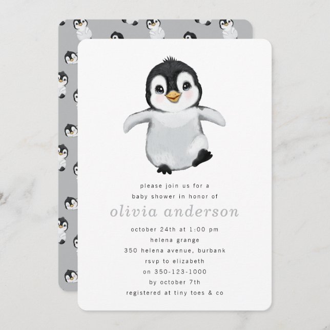 Simple Grey Penguin Winter Baby Shower Invitation (Front/Back)