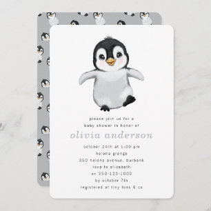 Simple Grey Penguin Winter Baby Shower Invitation