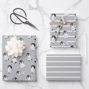 Simple Grey Penguin Winter Baby Shower Wrapping Paper Sheet