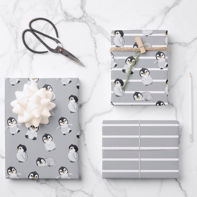 Simple Grey Penguin Winter Baby Shower Wrapping Paper Sheet (Front)