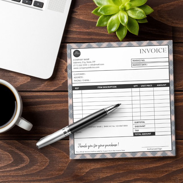 Simple Grey Plaid Border Business Invoice Form Notepad (Simple Grey Plaid Border Business Invoice Template)