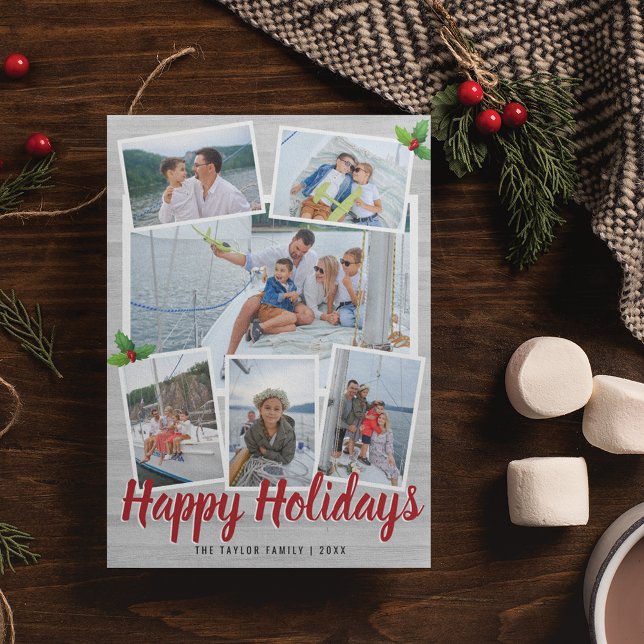 Simple Grey Rustic Photo Collage Happy Holidays Holiday Card (Creator Uploaded)