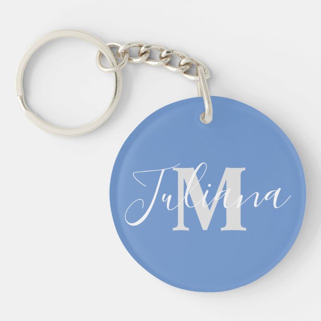 Simple Grey Script Monogrammed  Blue Keychain (Front)