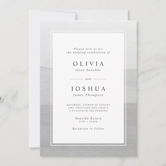 Simple Grey Watercolor Ombre Wedding Invitation (Front)