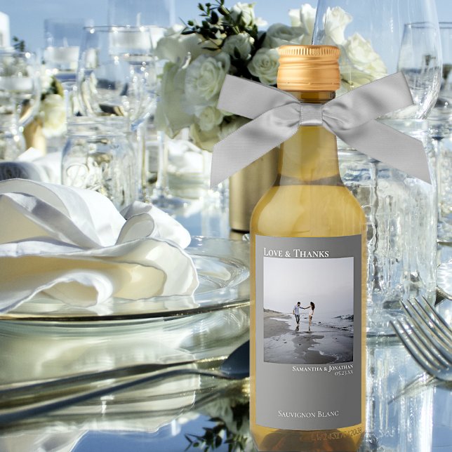 Simple Grey Wedding Love & Thanks Picture Mini Wine Label (Creator Uploaded)