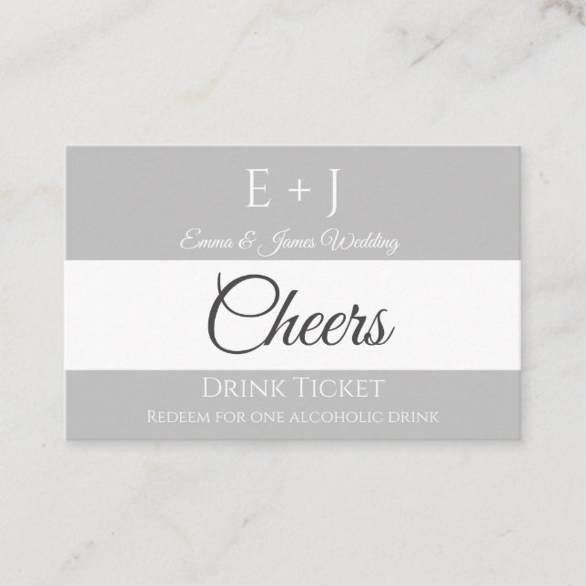 Simple Grey Wedding Reception Drink Ticket (Front)
