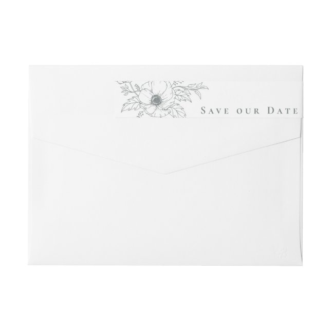 Simple Grey White Anemone Art Floral Save the Date Wrap Around Label (Back)