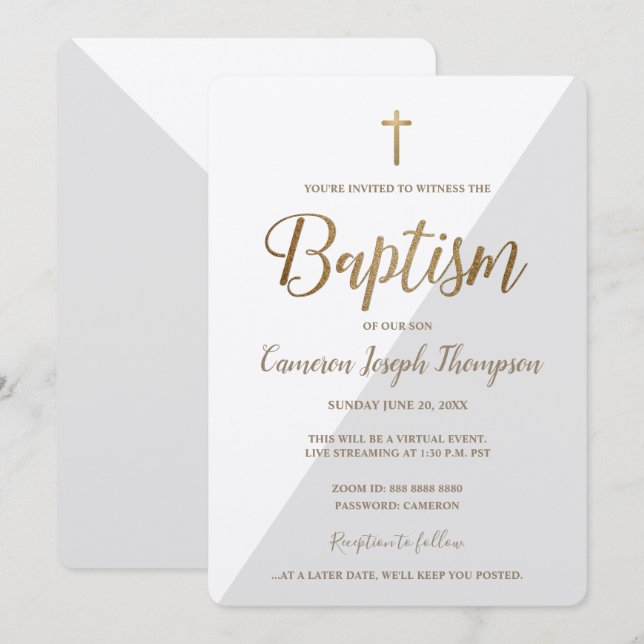 Simple Grey White Gold Cross Virtual Baptism Invitation (Front/Back)