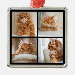 Simple Grid Collage 4 Four Photos Black Metal Ornament