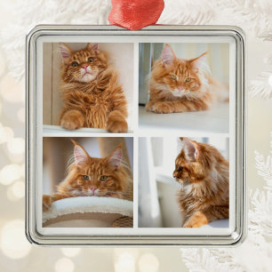 Simple Grid Collage 4 Four Photos White Metal Ornament