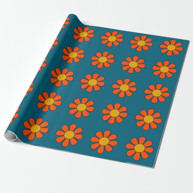 Simple Groovy Retro Modern 60s 70s Flower Pattern Wrapping Paper (Unrolled)