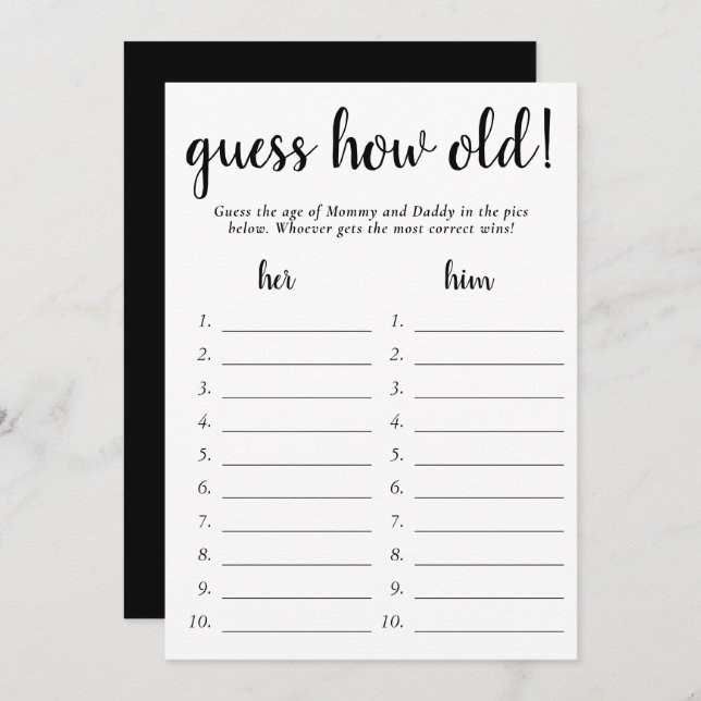 Simple Guess How Old | Black White Photo Game Card (Front/Back)