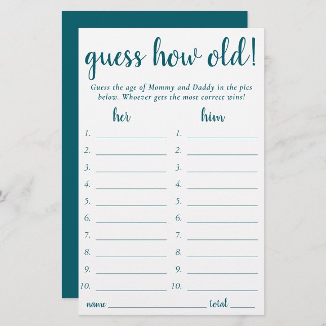 Simple Guess How Old | Teal Aqua Photo Game Card (Front/Back)