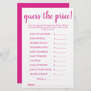 Simple Guess Prices   Hot Pink Shower Game Card