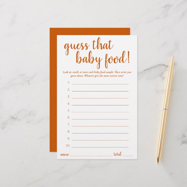 Simple Guess the Baby Food | Fall Orange Game Card (Front/Back In Situ)