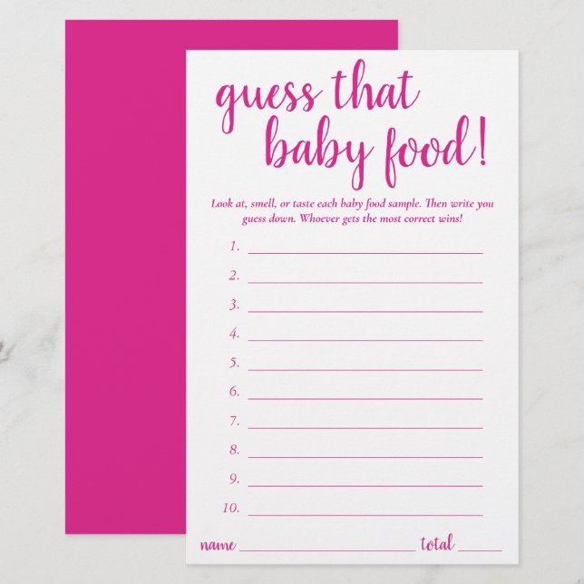 Simple Guess the Baby Food | Hot Pink Game Card (Front/Back)