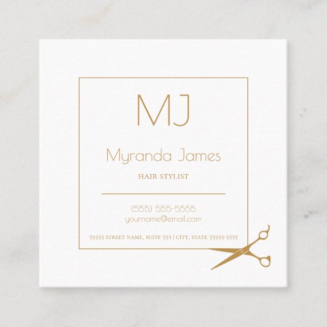 Simple Hairstylist Modern Gold Haircutting Shears Square Business Card (Front)