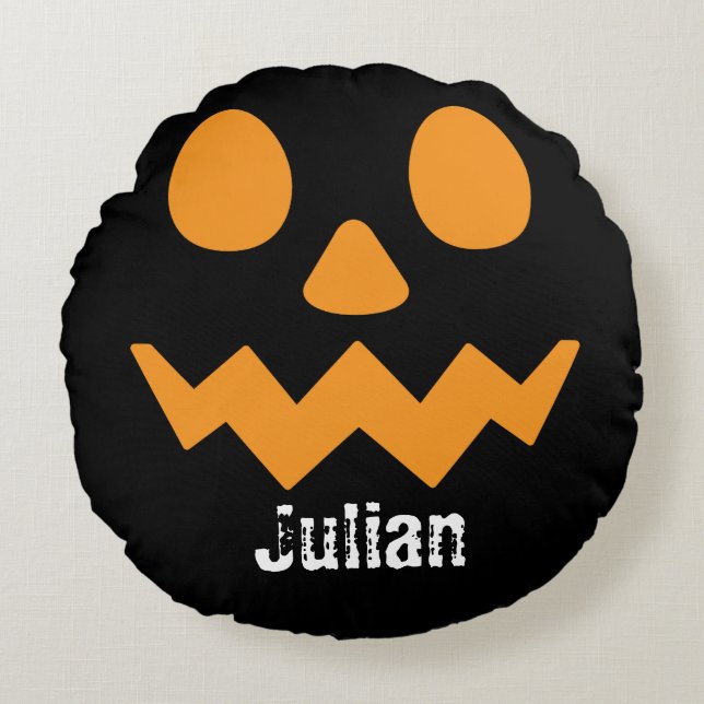 Simple Halloween Day Jack-o-Lantern Pumpkin Name Round Cushion (Front)