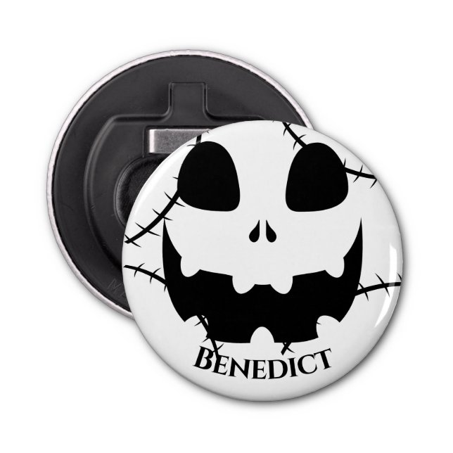 Simple Halloween jack-o-lantern pumpkin face Name Bottle Opener (Front)