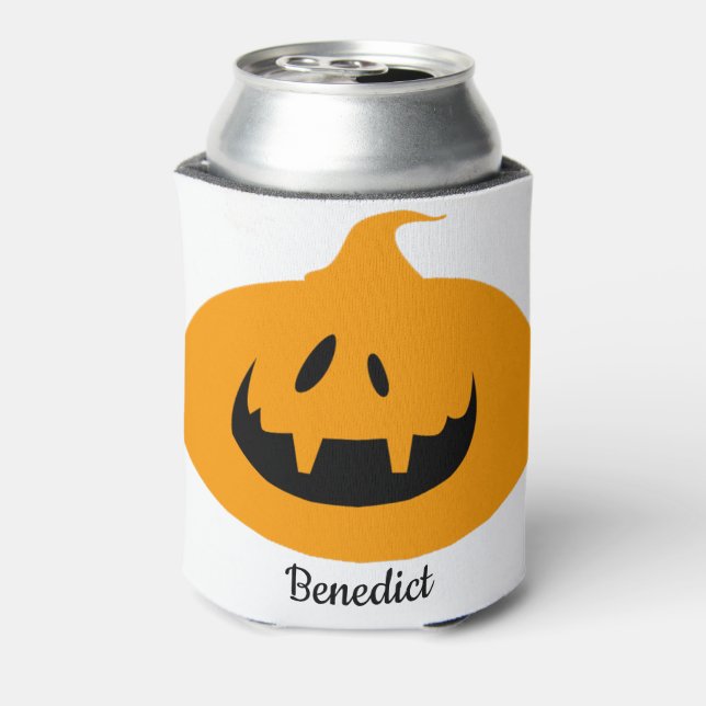 Simple Halloween jack-o-lantern pumpkin face Name Can Cooler (Can Back)