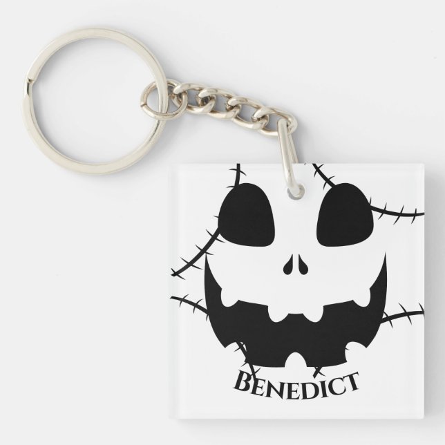 Simple Halloween jack-o-lantern pumpkin face Name Key Ring (Front)