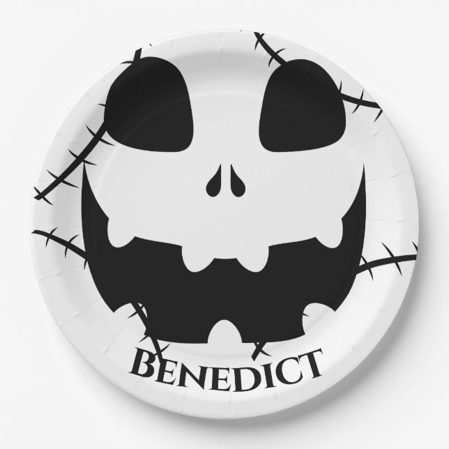 Simple Halloween jack-o-lantern pumpkin face Name Paper Plate (Front)