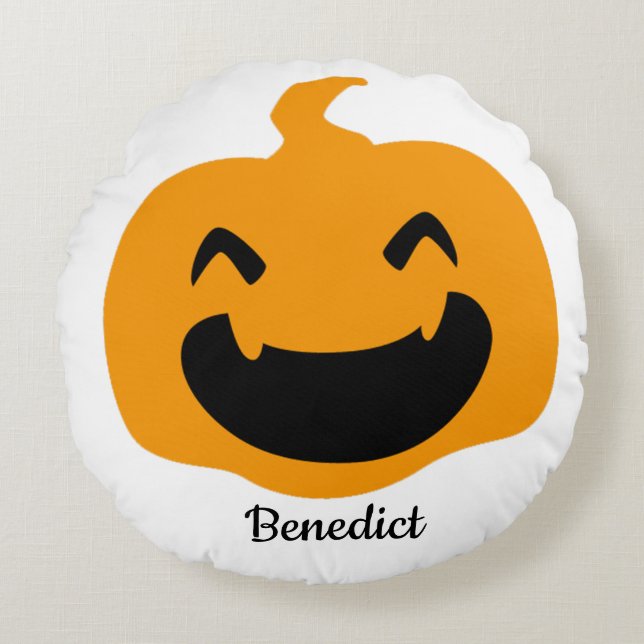 Simple Halloween jack-o-lantern pumpkin face Name Round Cushion (Front)