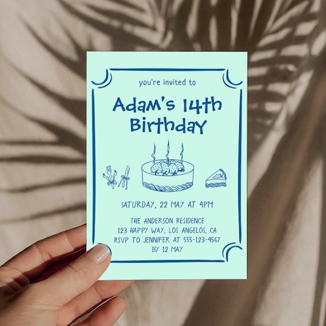 Simple Hand-Drawn Cake 14th Birthday Party         Invitation (Creator Uploaded)